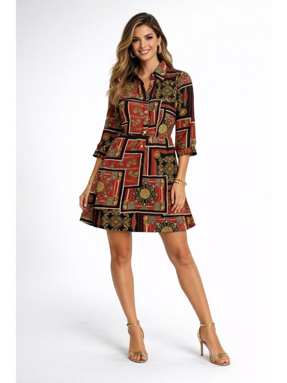 Bepop Mini Shirt Dress Medium Red Baroque Chain Scarf Print Retro Button Front